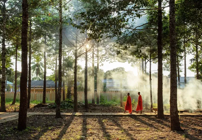 Framed Print : Two Buddhist monks walking through smoke from smouldering leaves, Xien Can Pagoda, Bac Lieu, Mekong Delta, Vietnam Framed Print : Two Buddhist monks walking through smoke from smouldering leaves, Xien Can Pagoda, Bac Lieu, Mekong Delta, Vietnam