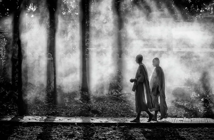 Framed Print : Two Buddhist monks walking through smoke from smouldering leaves, Xien Can Pagoda, Bac Lieu, Mekong Delta, Vietnam Framed Print : Two Buddhist monks walking through smoke from smouldering leaves, Xien Can Pagoda, Bac Lieu, Mekong Delta, Vietnam