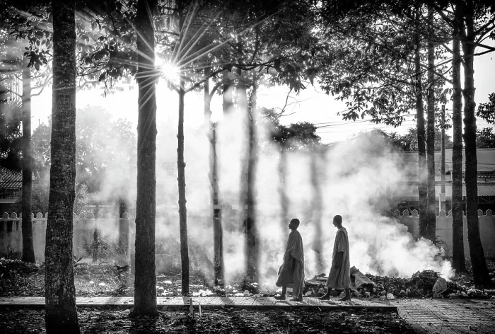Framed Print : Two Buddhist monks walking through smoke from smouldering leaves, Xien Can Pagoda, Bac Lieu, Mekong Delta, Vietnam Framed Print : Two Buddhist monks walking through smoke from smouldering leaves, Xien Can Pagoda, Bac Lieu, Mekong Delta, Vietnam