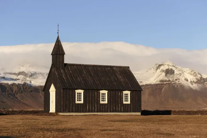 Framed Print : Budir black church at sunset, Snaeffelsness, Western Iceland Framed Print : Budir black church at sunset, Snaeffelsness, Western Iceland
