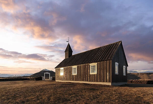 Budir black church at sunset, Snaeffelsness, Iceland