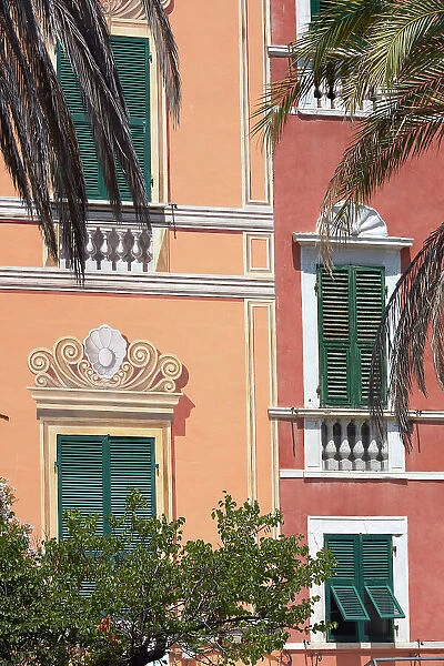 Detail of a building in the 'Piazza Garibaldi' main square of the historical cask of Lerici, La Spezia, Liguria, Italy