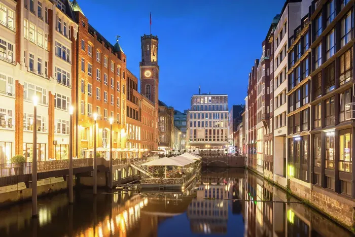 Framed Print : Buildings along Bleichenfleet at dusk, Hamburg, Germany Framed Print : Buildings along Bleichenfleet at dusk, Hamburg, Germany