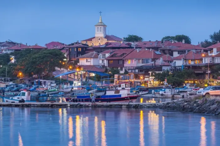 Framed Print : Bulgaria, Black Sea Coast, Nesebar, waterfront view of town, dusk Framed Print : Bulgaria, Black Sea Coast, Nesebar, waterfront view of town, dusk