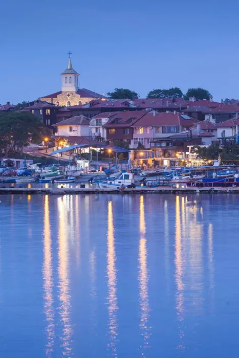 Framed Print : Bulgaria, Black Sea Coast, Nesebar, waterfront view of town, dusk