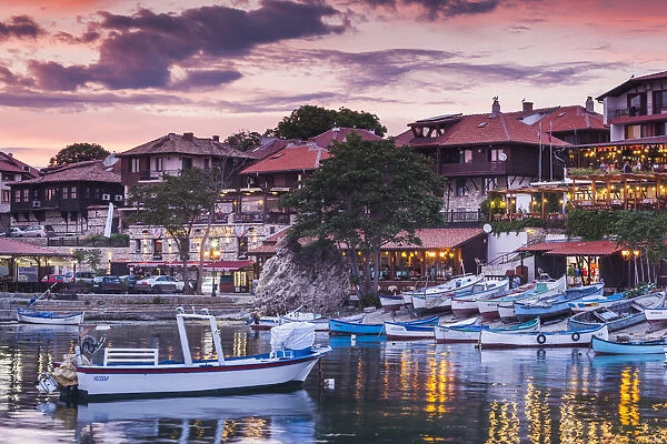 Bulgaria, Black Sea Coast, Nesebar, waterfront restaurants, dusk