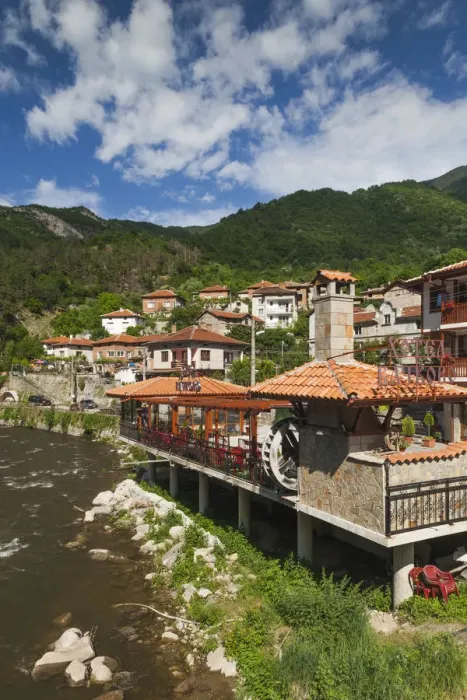 Framed Print : Bulgaria, Southern Mountains, Bachkovo, riverside restaurants Framed Print : Bulgaria, Southern Mountains, Bachkovo, riverside restaurants