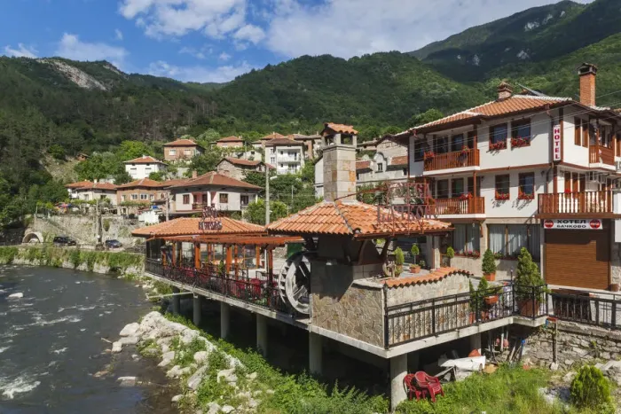 Framed Print : Bulgaria, Southern Mountains, Bachkovo, riverside restaurants Framed Print : Bulgaria, Southern Mountains, Bachkovo, riverside restaurants