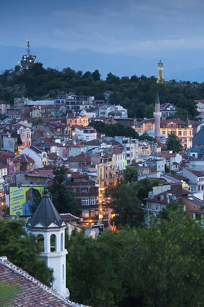 Bulgaria, Southern Mountains, Plovdiv, elevated city view from Nebet Tepe hill, dusk