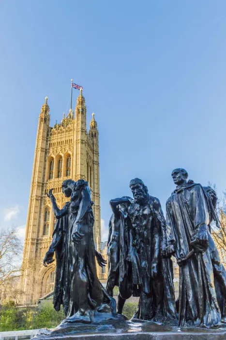 Framed Print : The Burghers of Calais statue by Auguste Rodin, and the Palace of Westminster a UNESCO Framed Print : The Burghers of Calais statue by Auguste Rodin, and the Palace of Westminster a UNESCO