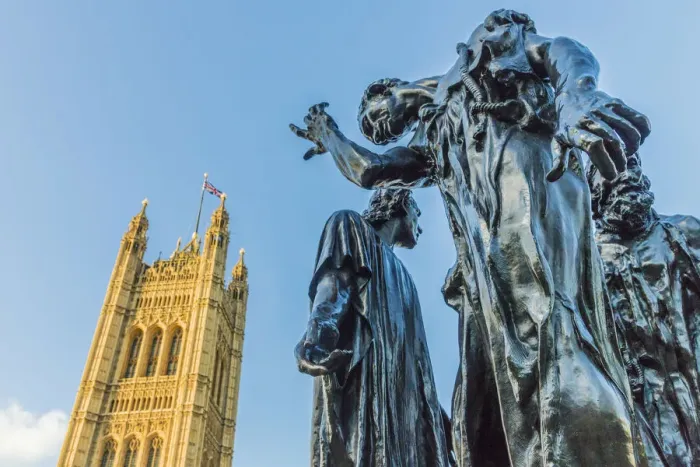 Framed Print : The Burghers of Calais statue by Auguste Rodin, and the Palace of Westminster a UNESCO Framed Print : The Burghers of Calais statue by Auguste Rodin, and the Palace of Westminster a UNESCO