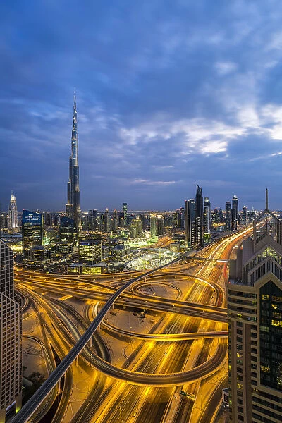 The Burj Khalifa Dubai, elevated view across Sheikh Zayed Road and Financial Centre
