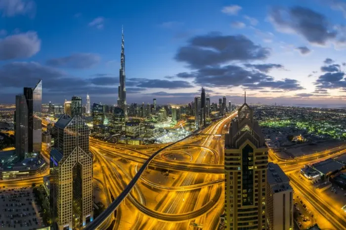 Framed Print : The Burj Khalifa Dubai, elevated view across Sheikh Zayed Road and Financial Centre