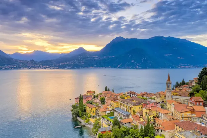 Framed Print : Burning sky at sunset over Varenna old town and Lake Como, Lecco province, Lombardy