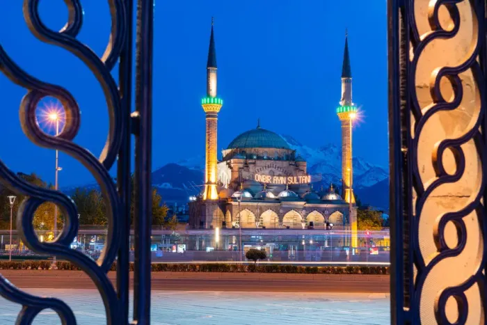 Framed Print : Burunguz mosque in republic square at dusk. Kayseri, central Anatolia, Turkey