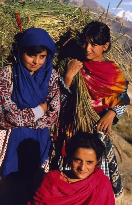 Framed Print : Burusho girls return home with fodder for their livestock in the Hunza Valley Framed Print : Burusho girls return home with fodder for their livestock in the Hunza Valley