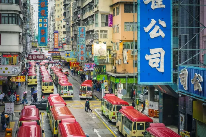 Framed Print : Busses lined on Tung Choi Street in Mong Kok at rush hour, Kowloon, Hong Kong, China Framed Print : Busses lined on Tung Choi Street in Mong Kok at rush hour, Kowloon, Hong Kong, China