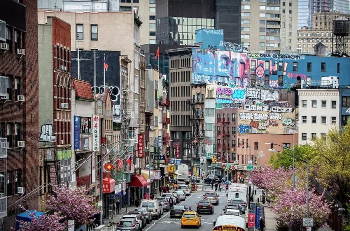 Framed Print : Busy street in Chinatown, from Manhattan Bridge, Manhattan, New York City, New York, USA