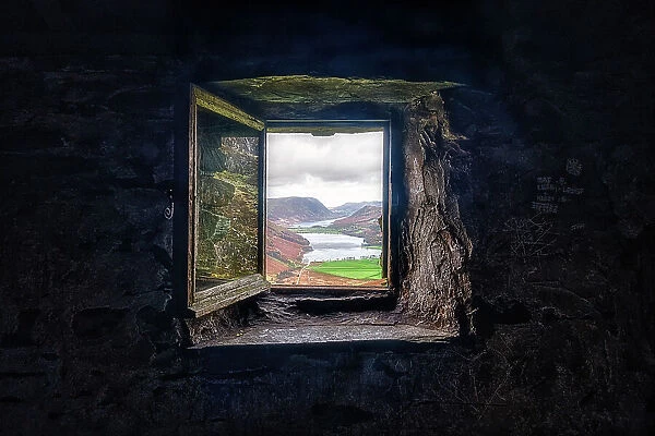 Buttermere and Crummock Water as seen through the window of the Warnscale Bothy, a mountain shelter near Buttermere, Lake District National Park, Cumbria, England