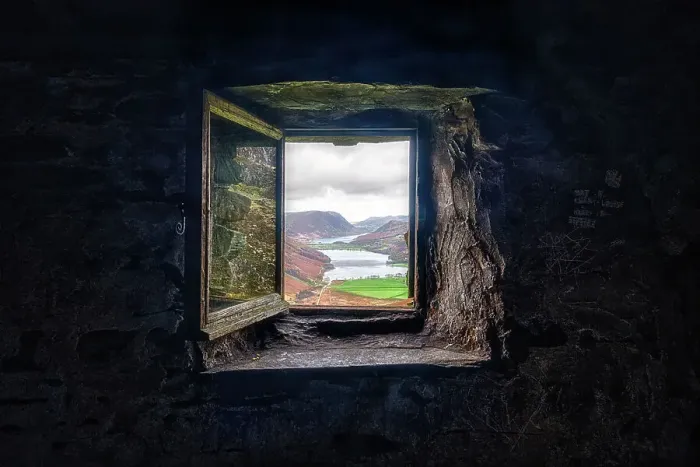 Framed Print : Buttermere and Crummock Water as seen through the window of the Warnscale Bothy, a mountain shelter near Buttermere, Lake District National Park, Cumbria, England Framed Print : Buttermere and Crummock Water as seen through the window of the Warnscale Bothy, a mountain shelter near Buttermere, Lake District National Park, Cumbria, England