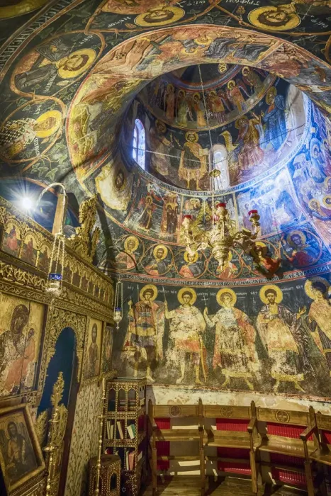 Framed Print : Byzantine frescoes inside the Monastery of Moni Agias Triados or Monastery of