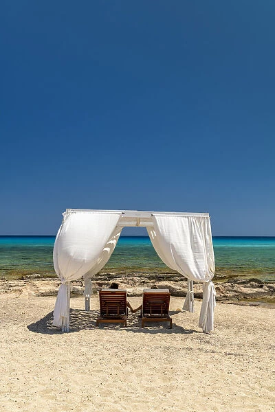 Cabana & Couple on Sunbeds on Beach, Rhodes, Dodecanese Islands, Greece