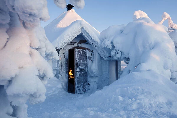 Cabin covered by snow. Ruuhitunturi, Lapland, Finland
