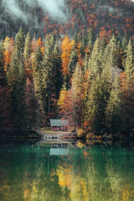 Framed Print : Cabin reflection at Fusine Lakes in Autumn, Friuli Venezia Giulia, Italy Framed Print : Cabin reflection at Fusine Lakes in Autumn, Friuli Venezia Giulia, Italy