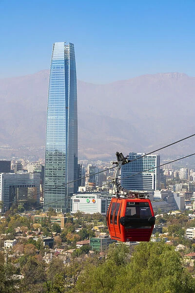 Cable car with Gran Torre Santiago in background, Santiago Metropolitan Park, San Cristobal Hill, Providencia, Santiago, Santiago Province, Santiago Metropolitan Region, Chile