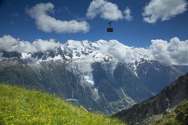 Cable car in front of Mt. Blanc from Mt. Brevent, Chamonix, Haute Savoie, Rhone Alpes
