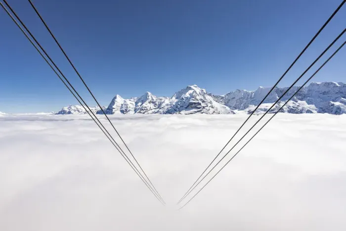 Framed Print : Cableway hidden by fog with Eiger, Monch and Jungfrau, Murren Birg, Berner Oberland, Switzerland Framed Print : Cableway hidden by fog with Eiger, Monch and Jungfrau, Murren Birg, Berner Oberland, Switzerland
