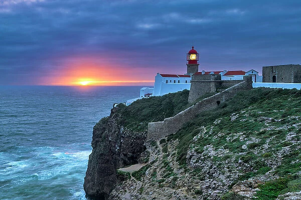 Cabo Sao Vicente Lighthouse at Sunset, Most Westerly Point of Europe, Algarve, Portugal