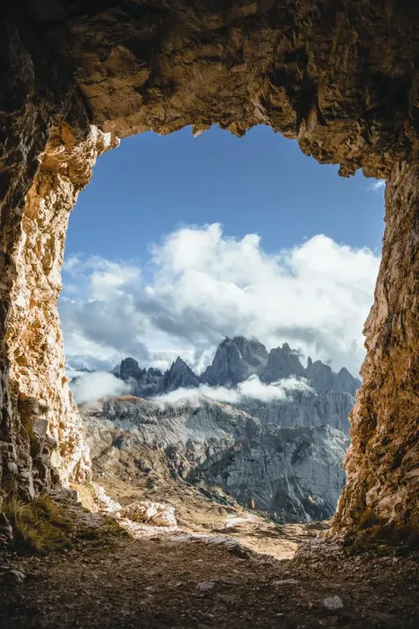 Framed Print : the Cadini di Misurina group seen from a war cave at the foots of the Tre Cime di