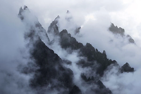 Cadini di Misurina during a storm with layers of clouds, Dolomites, Italy