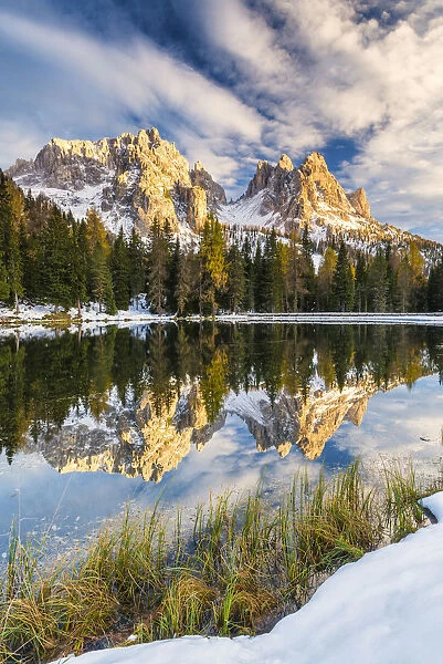 The Cadinis Reflecting in Lake Antorno, Dolomites, South Tyrol, Italy