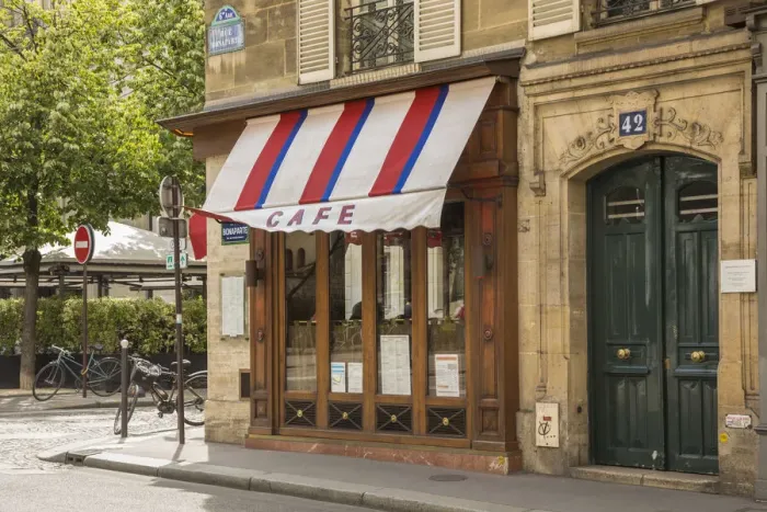 Framed Print : Cafe and building detail, Paris, France Framed Print : Cafe and building detail, Paris, France