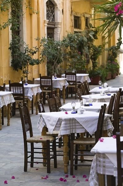 Cafe tables, Hania, Hania Province, Crete, Greece