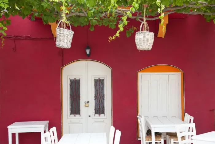 Framed Print : Front of cafe, taverna, Symi Island, Dodecanese Islands, Greece Framed Print : Front of cafe, taverna, Symi Island, Dodecanese Islands, Greece