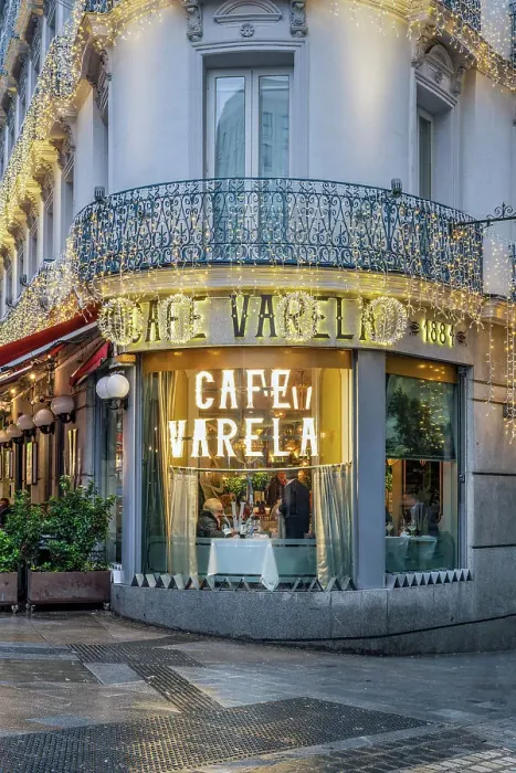 Framed Print : Cafe Varela adorned with Christmas lights, Madrid, Spain Framed Print : Cafe Varela adorned with Christmas lights, Madrid, Spain