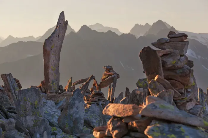 Framed Print : Cairns on summit of Peterskaopfl, Zillertal Alps, Tyrol, Schwaz district, Austria Framed Print : Cairns on summit of Peterskaopfl, Zillertal Alps, Tyrol, Schwaz district, Austria