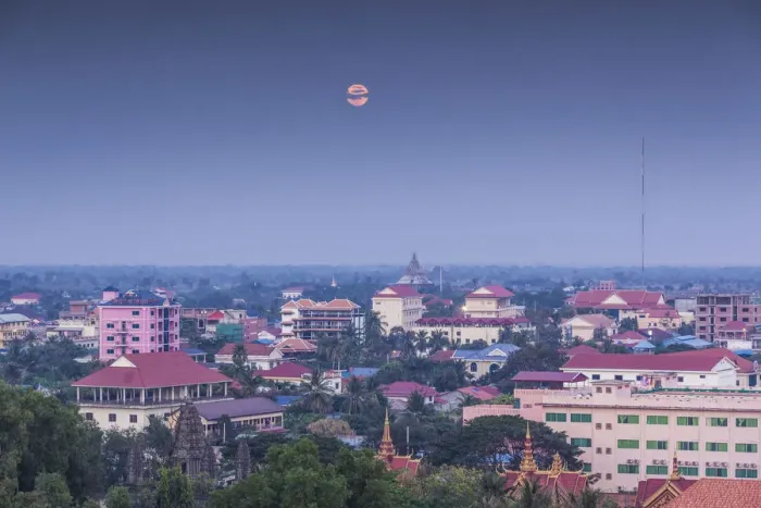 Framed Print : Cambodia, Battambang, elevated city view and moonrise, dusk Framed Print : Cambodia, Battambang, elevated city view and moonrise, dusk