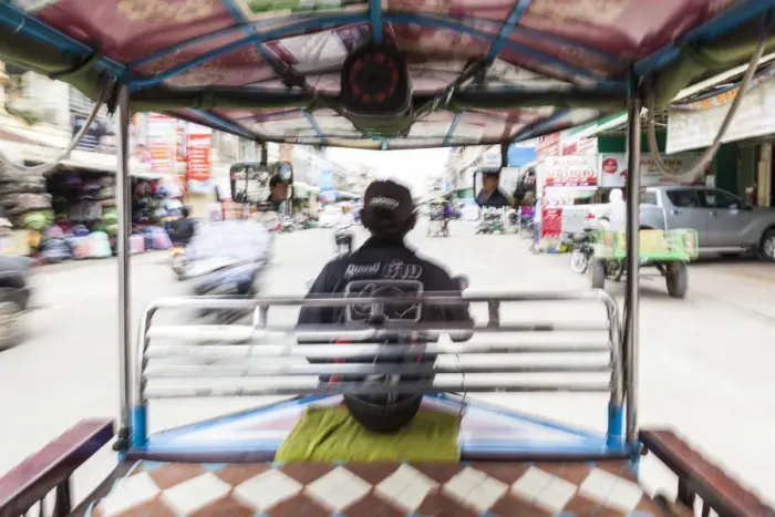 Framed Print : Cambodia, Battambang, view from inside a remorque motorbike taxi, motion blur Framed Print : Cambodia, Battambang, view from inside a remorque motorbike taxi, motion blur