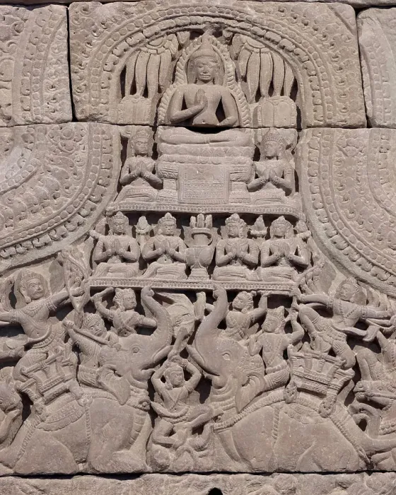 Framed Print : Cambodia, detail of a Khmer carving from Angkor Wat showing a seated buddha in the Vitarka Mudra (hand gesture of teaching the dharma, or Buddhist law). Elephants and warriors below