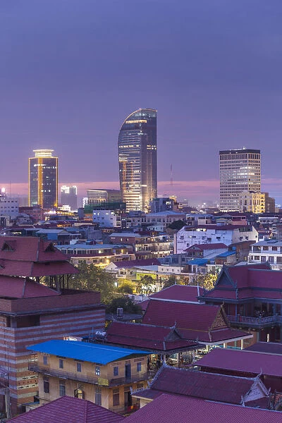Cambodia, Phnom Penh, elevated city skyline, dusk