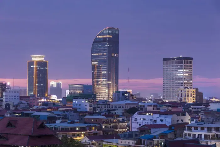 Framed Print : Cambodia, Phnom Penh, elevated city skyline, dusk Framed Print : Cambodia, Phnom Penh, elevated city skyline, dusk