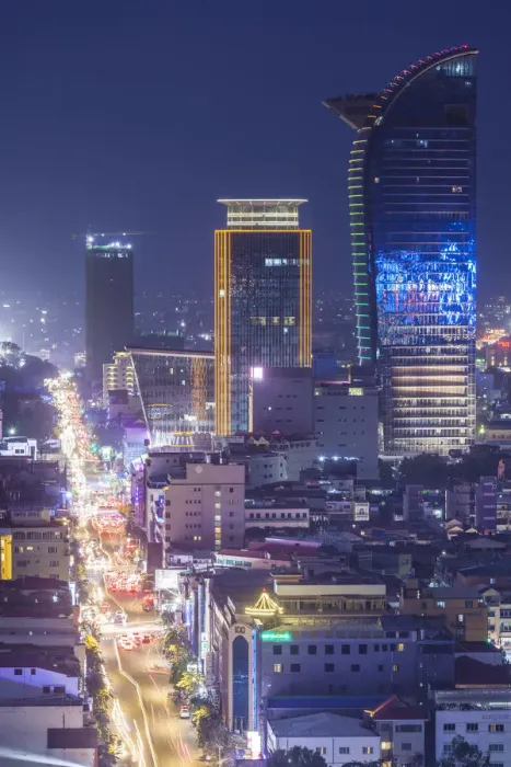 Framed Print : Cambodia, Phnom Penh, elevated city skyline along Monivong Boulevard, dusk Framed Print : Cambodia, Phnom Penh, elevated city skyline along Monivong Boulevard, dusk