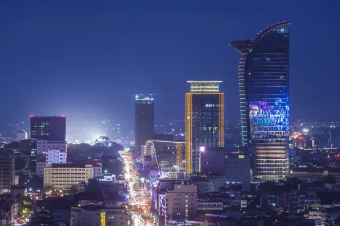 Framed Print : Cambodia, Phnom Penh, elevated city skyline along Monivong Boulevard, dusk Framed Print : Cambodia, Phnom Penh, elevated city skyline along Monivong Boulevard, dusk