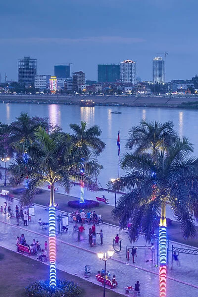 Cambodia, Phnom Penh, elevated view along Tonle Sap Riverfront, dusk