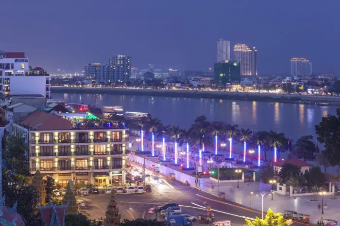 Framed Print : Cambodia, Phnom Penh, elevated view along Tonle Sap Riverfront, dusk Framed Print : Cambodia, Phnom Penh, elevated view along Tonle Sap Riverfront, dusk