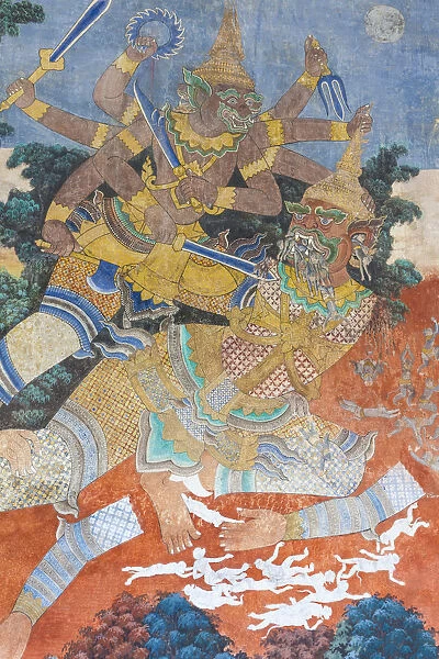 Cambodia, Phnom Penh, the Silver Pagoda, scene from wall mural depicting the Indian
